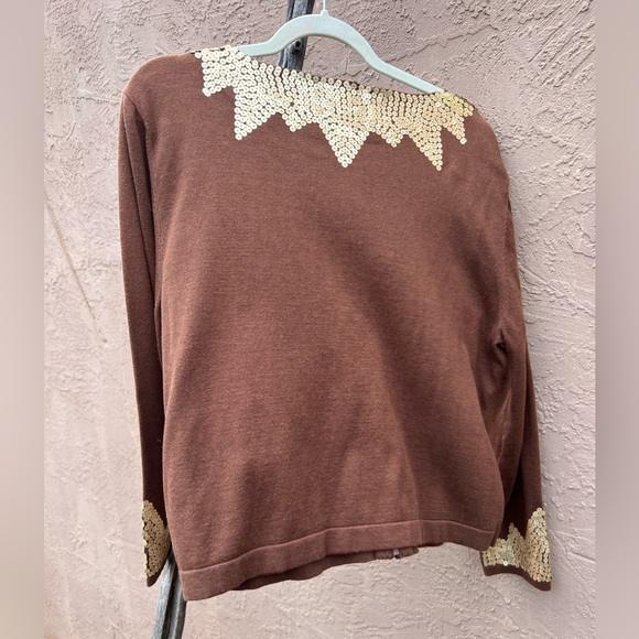 NEW Tasha Polizzi Brown Zip Front Embellished Cardigan Gold Sequins Stones - Picture 4 of 4